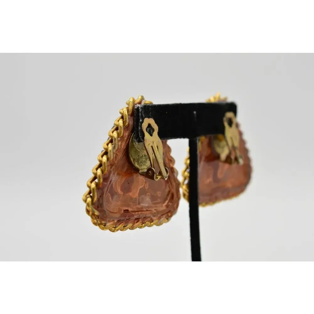Vintage Clip On Earrings Faux Leather Wooden Bead Gold Chain Chunky 1980s 9L